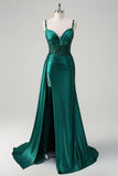 Sparkly Champagne Mermaid Watteau Train Corset Sequins Satin Formal Dress with Slit