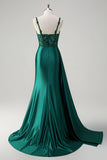 Sparkly Champagne Mermaid Watteau Train Corset Sequins Satin Formal Dress with Slit