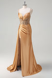 Sparkly Champagne Mermaid Watteau Train Corset Sequins Satin Formal Dress with Slit