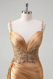 Sparkly Champagne Mermaid Watteau Train Corset Sequins Satin Formal Dress with Slit