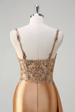 Sparkly Champagne Mermaid Watteau Train Corset Sequins Satin Formal Dress with Slit