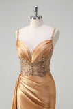 Sparkly Champagne Mermaid Watteau Train Corset Sequins Satin Formal Dress with Slit