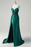 Sparkly Champagne Mermaid Watteau Train Corset Sequins Satin Formal Dress with Slit