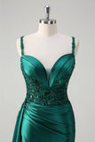 Sparkly Champagne Mermaid Watteau Train Corset Sequins Satin Formal Dress with Slit