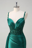 Sparkly Champagne Mermaid Watteau Train Corset Sequins Satin Formal Dress with Slit