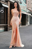 Champagne Mermaid Off the Shoulder Corset Long Prom Dress with Slit