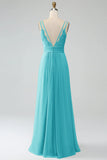 A-Line Peacock Spaghetti Straps Pleated Chiffon Long Bridesmaid Dress