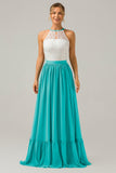 Peacock Halter Boho Chiffon Keyhole Long Bridesmaid Dress with Lace