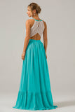 Peacock Halter Boho Chiffon Keyhole Long Bridesmaid Dress with Lace