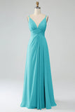 A-Line Peacock Spaghetti Straps Pleated Chiffon Long Bridesmaid Dress