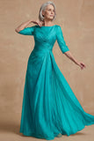 Dusty Sage Ruched A Line Boat Neck Long Mother of the Bride Dress