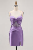 Royal Blue Satin Bodycon Ruched Short Corset Cocktail Dress with Slit