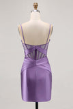 Royal Blue Satin Bodycon Ruched Short Corset Cocktail Dress with Slit