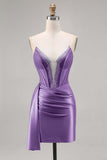 Sparkly Navy Satin Beaded Corset Short Cocktail Dress with Sash