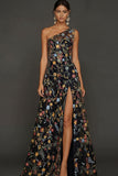 Floral Mauve One Shoulder A Line Long Formal Dress with Slit