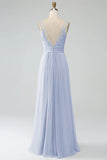 A-Line Peacock Spaghetti Straps Pleated Chiffon Long Bridesmaid Dress