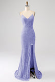 Sparkly Royal Blue Mermaid Spaghetti Straps Sequin Long Formal Dress With Slit