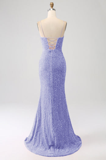 Black Mermaid Spaghetti Straps V-Neck Sequin Long Formal Dress With Split