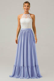 Keyhole Lavender Halter Boho Chiffon Long Bridesmaid Dress with Lace