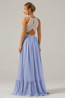 Keyhole Lavender Halter Boho Chiffon Long Bridesmaid Dress with Lace