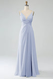 A-Line Peacock Spaghetti Straps Pleated Chiffon Long Bridesmaid Dress