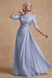 Dusty Sage Ruched A Line Boat Neck Long Mother of the Bride Dress