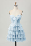 Black Sweetheart A Line Tiered Short Cocktail Dress with Bow