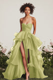 A Line Sweetheart Ruffled Navy Formal Dress with Front Slit