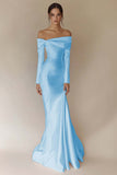 White Off The Shoulder Satin Mermaid Formal Dress with Long Sleeves