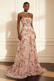 Strapless A-Line Purple Appliqued Long Formal Dress With 3D Flowers