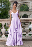 Fuchsia A Line Spaghetti Straps Long Bridesmaid Dress with Ruffles