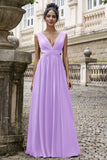 A-Line Eucalyptus V Neck Chiffon Long Bridesmaid Dress with Lace Up Back