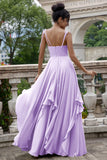 Fuchsia A Line Spaghetti Straps Long Bridesmaid Dress with Ruffles