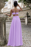 A-Line Eucalyptus V Neck Chiffon Long Bridesmaid Dress with Lace Up Back