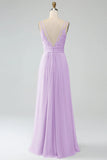 A-Line Peacock Spaghetti Straps Pleated Chiffon Long Bridesmaid Dress