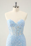 Light Blue Corset Sequins Sweetheart Short Tight Cocktail Dress with Lace-up Back