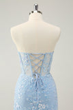 Light Blue Corset Sequins Sweetheart Short Tight Cocktail Dress with Lace-up Back