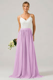 Spaghetti Straps Fuchsia A-line Chiffon Long Bridesmaid Dress with Lace