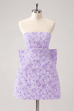 Fuchsia A Line Floral Strapless Short Cocktail Dress With Bow