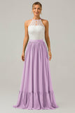 Peacock Halter Boho Chiffon Keyhole Long Bridesmaid Dress with Lace