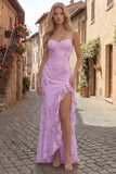 Blue Sheath Floral Embroidery Long Formal Dress with Ruffle Slit