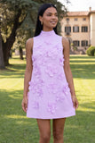 Hot Pink High Neck A-Line Short Formal Dress with 3D Flowers