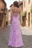 Yellow A-Line Spaghetti Straps Lace Up Back Long Prom Dress with Floral Embroidery