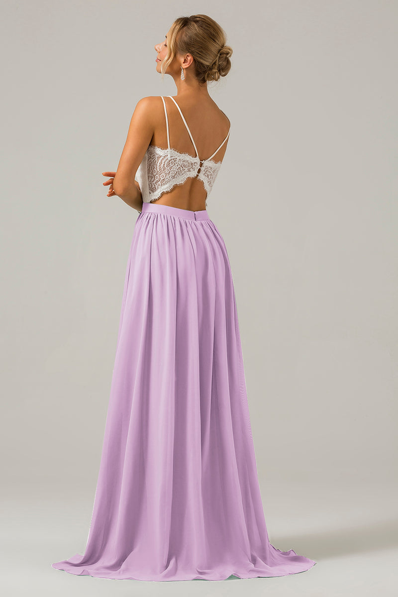 Load image into Gallery viewer, Spaghetti Straps Fuchsia A-line Chiffon Long Bridesmaid Dress with Lace