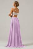 Spaghetti Straps Fuchsia A-line Chiffon Long Bridesmaid Dress with Lace