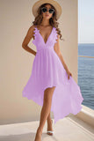 White Chiffon A Line Ruffled V Neck High-Low Graduation Dress