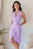 Bodycon Sky Blue Satin V Neck Midi Work Dress with Sash