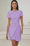 Lilac Satin Pleated A Line Short Work Dress with Short Sleeves