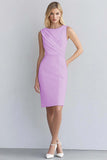 Ivory Satin Bodycon Round Neck Ruched Midi Work Dress