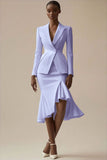 Burgundy Ruffled Peak Lapel 2 Piece Midi Work Dress